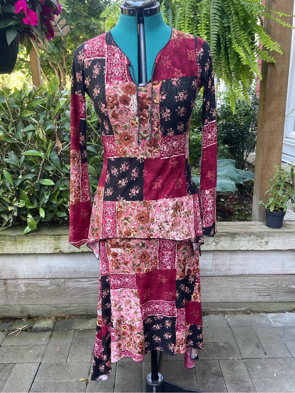 Patchwork Print Floral Long Sleeve Two-Piece Set Vintage